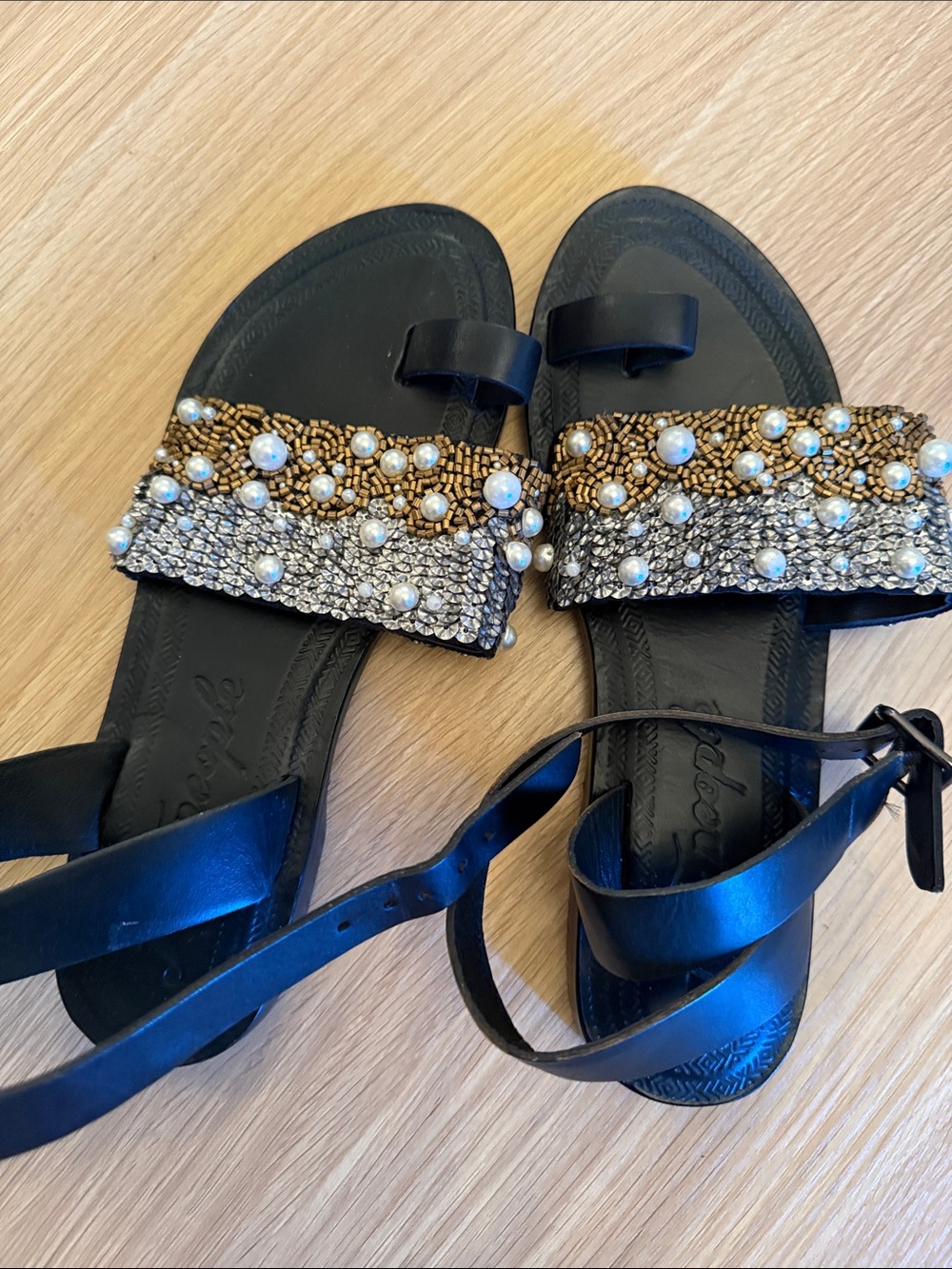 Free People Black Pearl-Beaded Flat Sandals 37.5